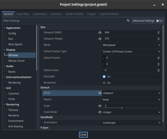 project settings window tab